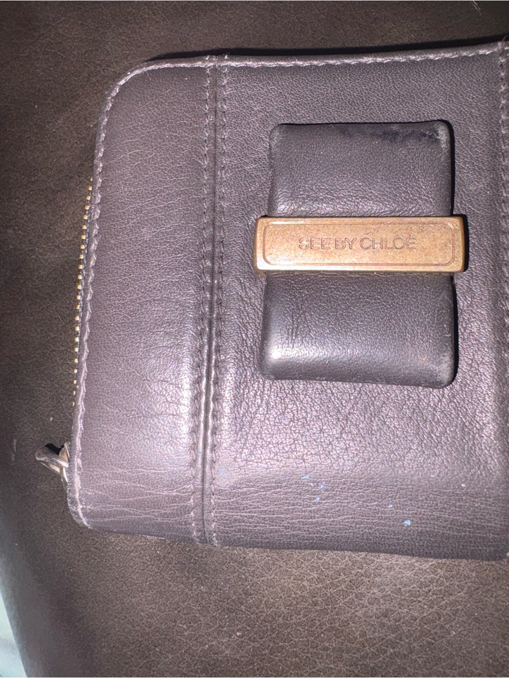 See By Chloe Brown Leather Zip Wallet with Gold Plaque